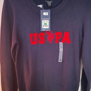 U.S. Polo Assn. Men's Dark Blue Sweater with Vibrant Red Lettering